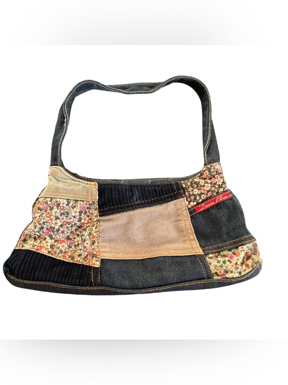 Denim Blues Boho Denim Patchwork Purse/Bag/Corduroy Floral Zip Top 12X7 Hobo